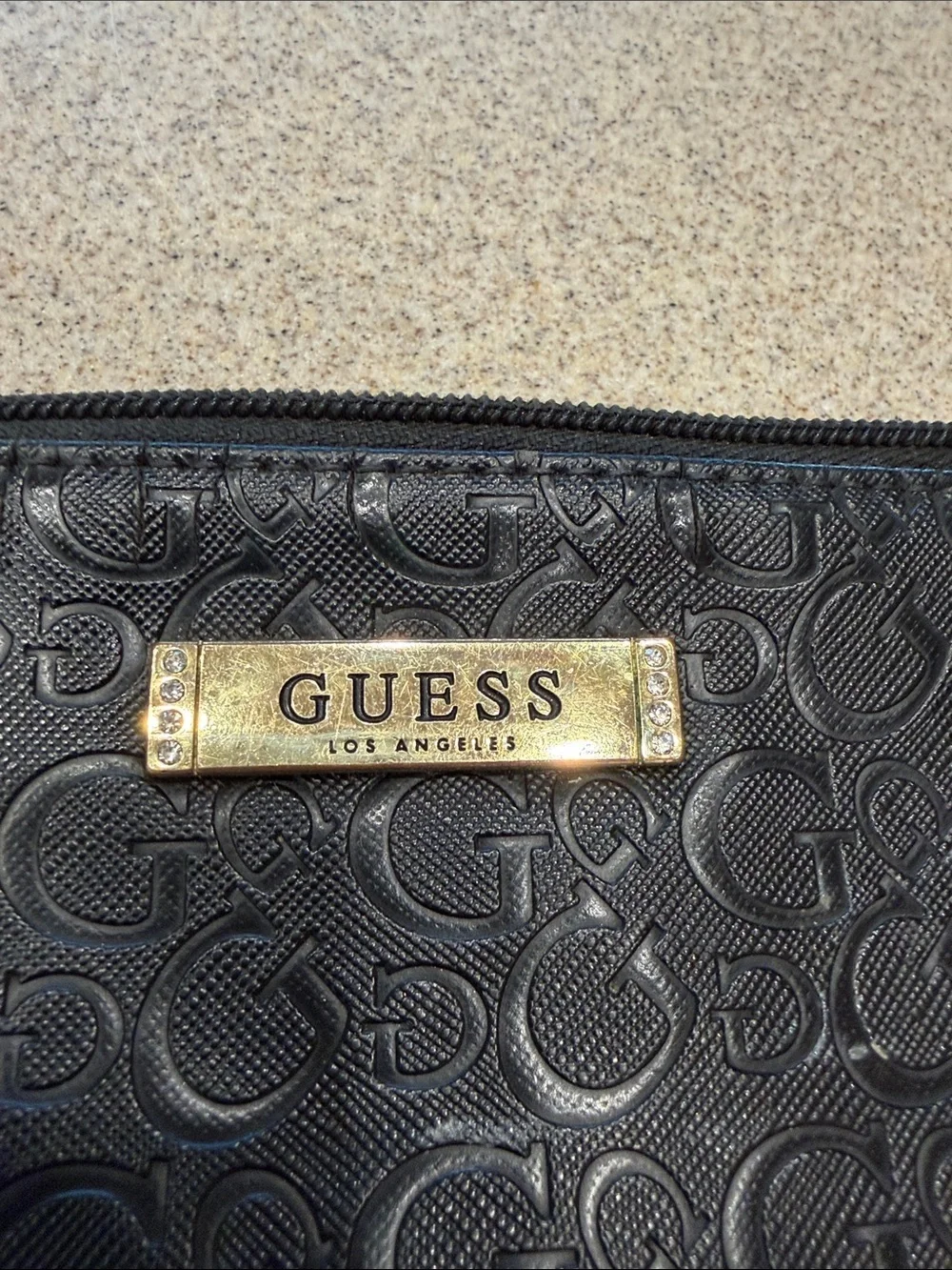 Guess Black Embossed Signature Wristlet with Chain and Heart Charm